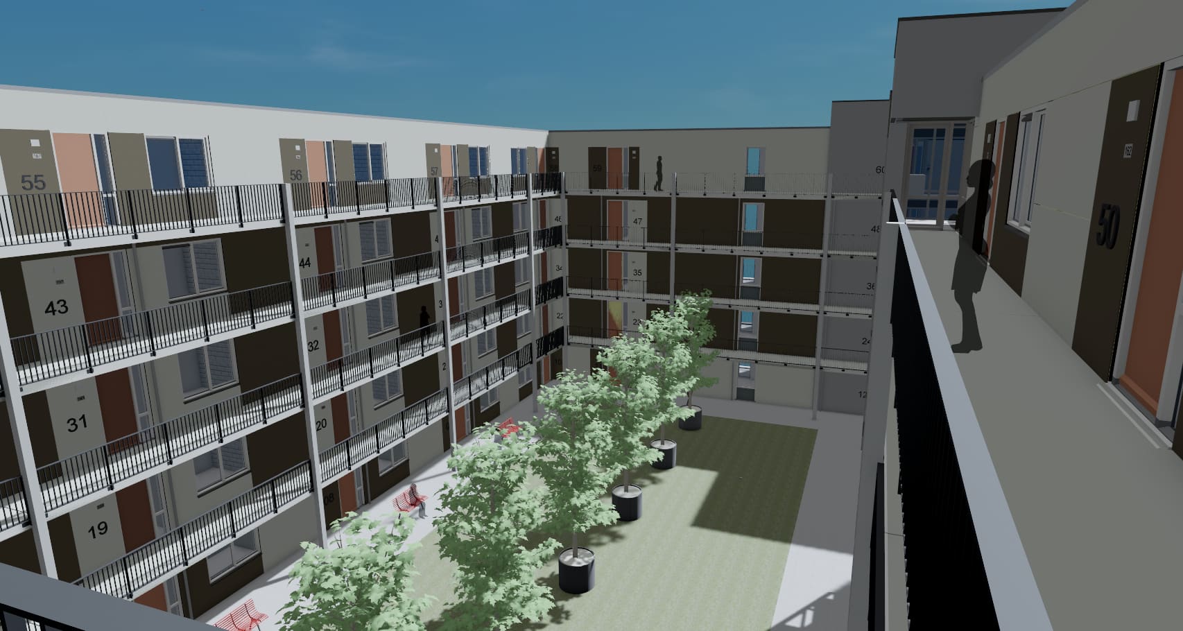 Een 3D-weergave uit het BIM-model van dezelfde galerijen en binnenplaats.