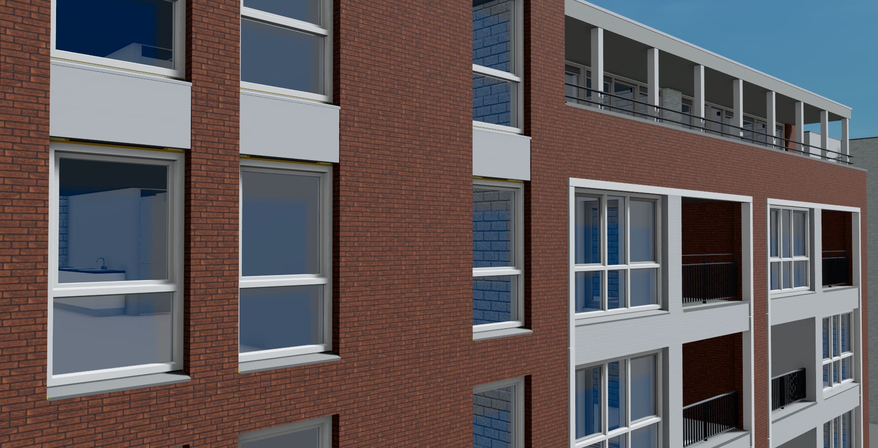 Een 3D-weergave uit het BIM-model van een gevelfragment met baksteen, kozijnen en balkons.