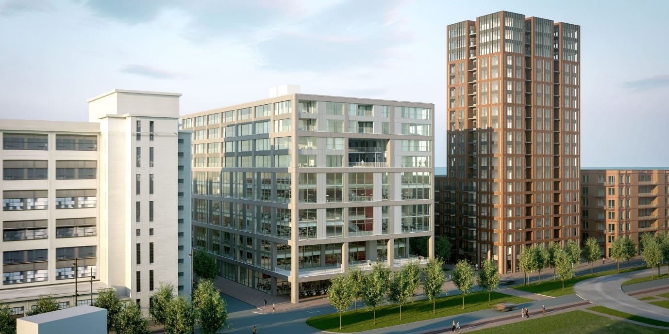 Impressie van gebouw DONNA tussen de bestaande gebouwen aan de Philitelaan op Strijp-S.