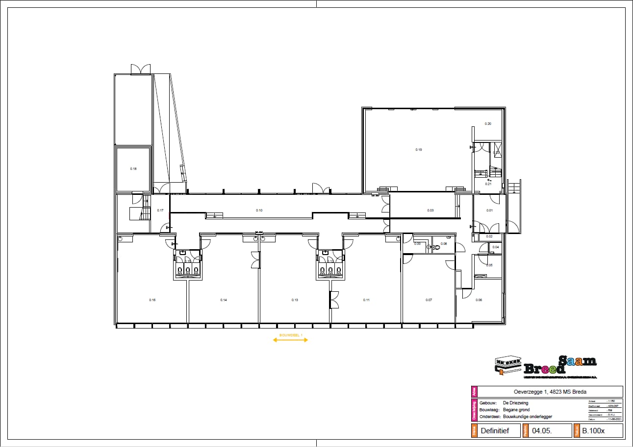 Een uniform opgezette plattegrond van een schoollocatie met titelblok.