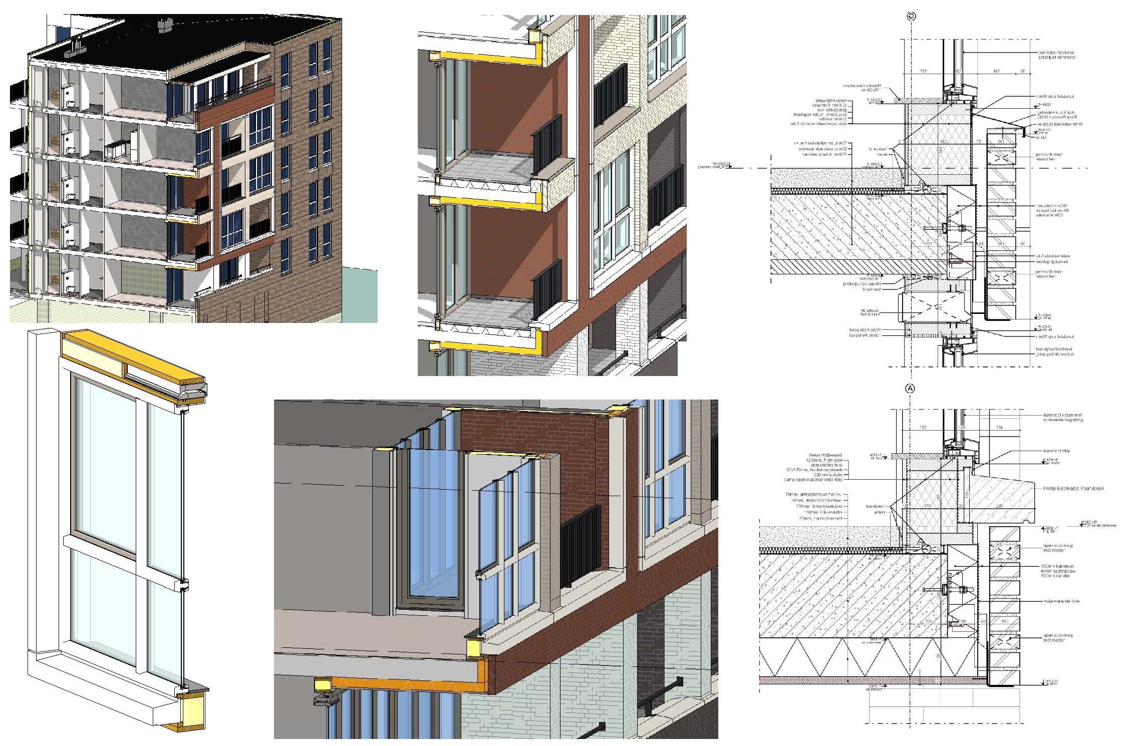 Presentatieblad met 3D-doorsneden en details van gevel, balkon en kozijnaansluitingen.