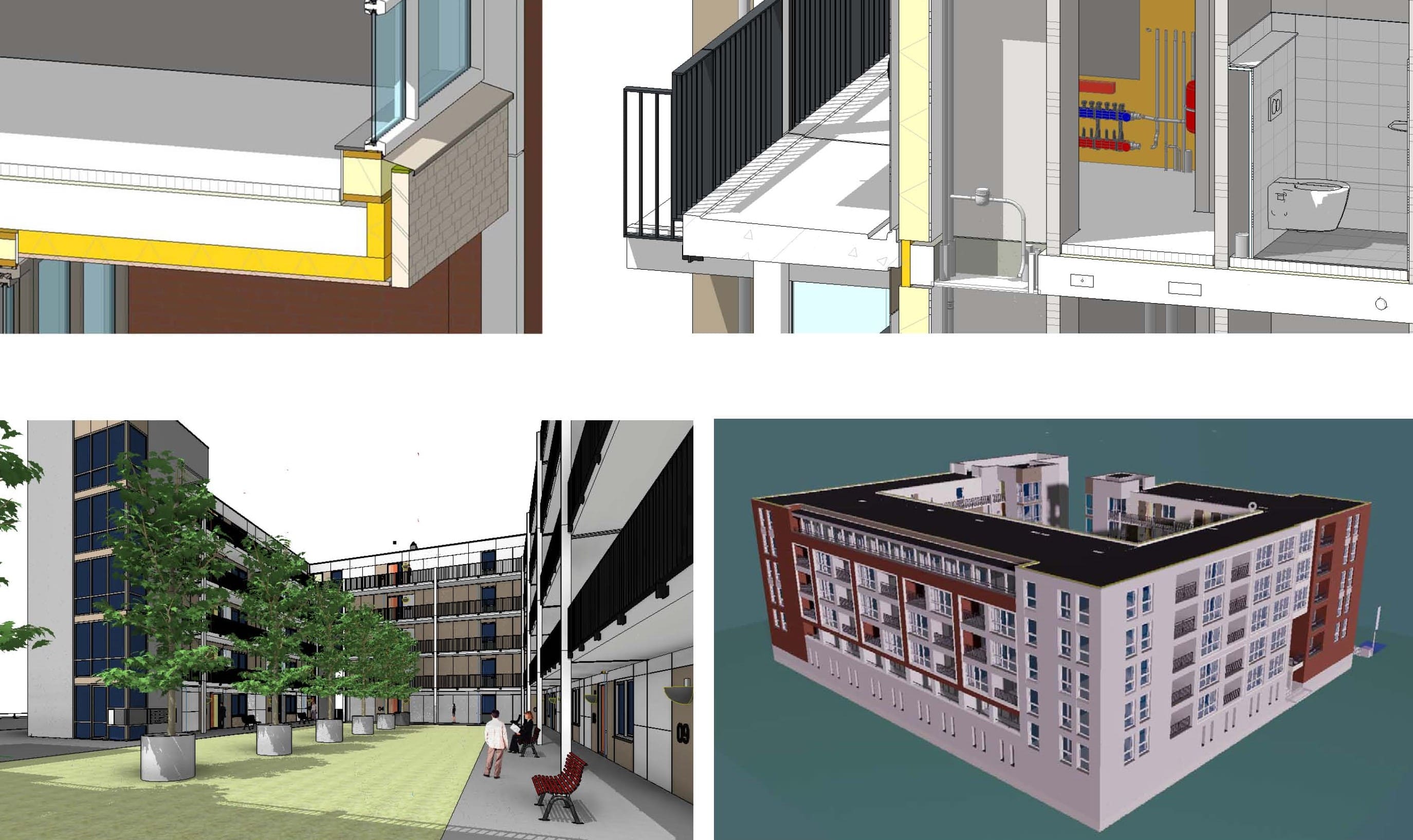 Presentatieblad met 3D-details van balkons en installaties en twee totaalbeelden van het gebouw.