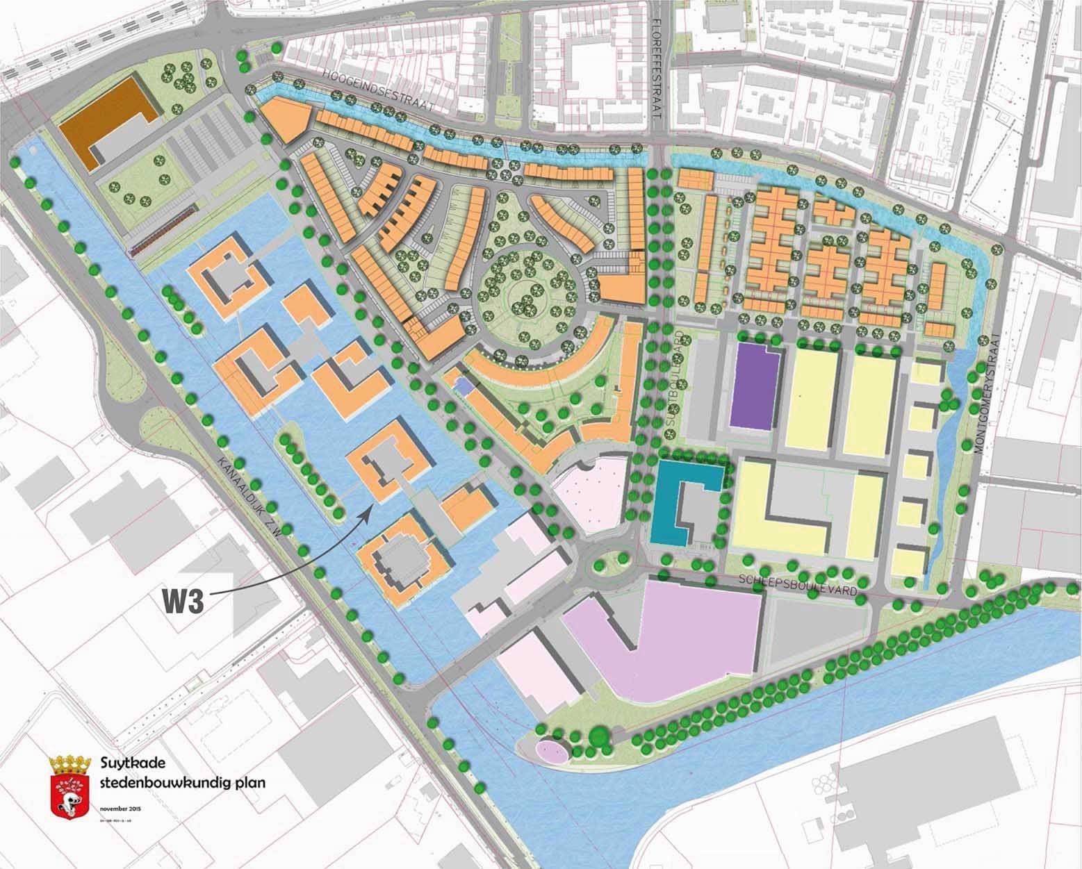 Het stedenbouwkundig plan van de Suytkade in Helmond, met de plek van waterburcht W3 aangegeven.
