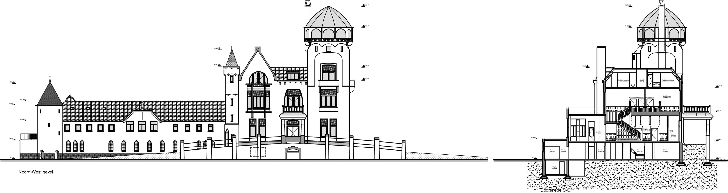 Gevels en doorsnede van Jachtslot De Mookerheide, getekend door BTS op basis van oude tekeningen en een inmeting.